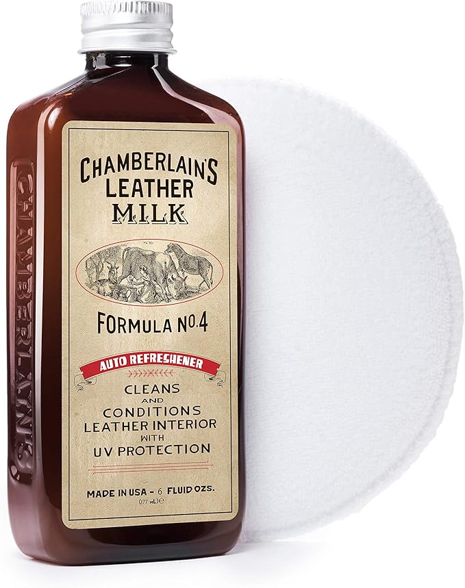 Leather Milk Auto Leather Conditioner and Cleaner with UV Protection - Auto Refreshener No. 4 - All Natural, Non-Toxic Auto Leather Interior Care. Made in USA. 2 Sizes. Applicator Pad Included.