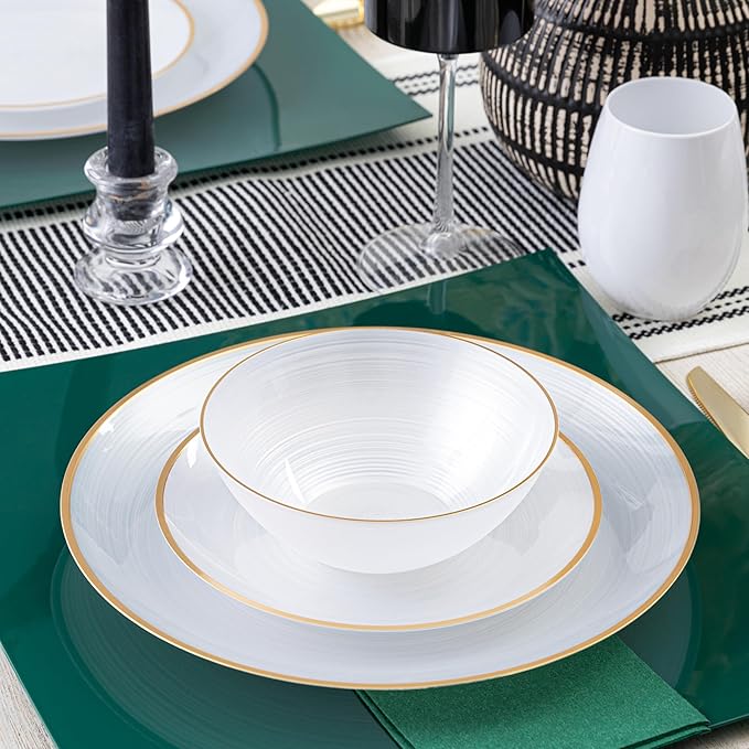 PLASTICPRO 64 Pieces Crystal Design Plastic Plates Combo Pack 7 inch and 10 inch Gold Rim Elegant Disposable Plates, Pearl White