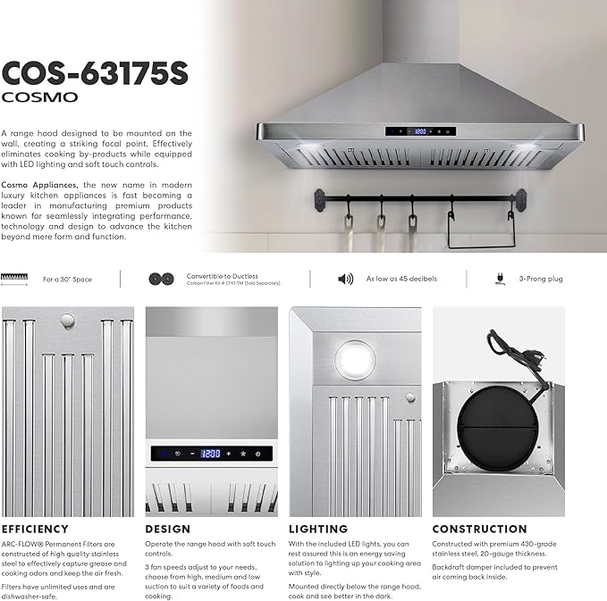 COSMO COS-63175S 30 in. Vista Collection 380 CFM Ducted Wall Mount Range Hood, Touch Controls, LED Lights, Stainless Steel