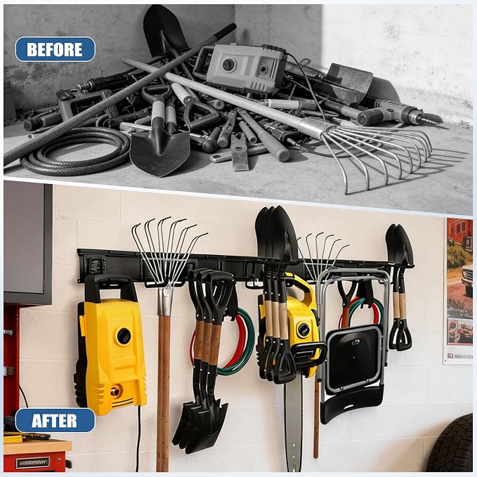 66'' Garage Tool Organizer Wall Mount 18Pack 750lbs Heavy Duty | Include 14 Adjust Hooks Garden Tool Organizer, Garage Wall Organizer for Garden Yard Tool Shovel Rake Broom Ladder Weed Eater