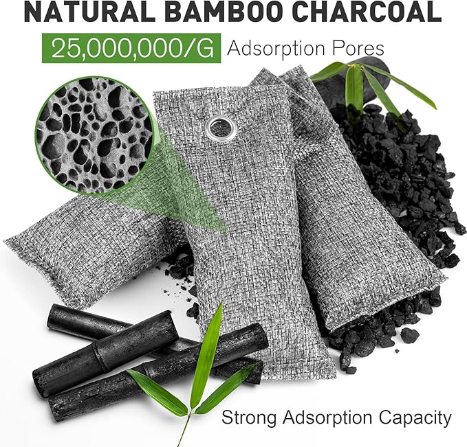 TUXIYA 8Pack Activated Charcoal Odor Absorber/ 12Pack(100g Each) Rechargeable Silica Gel Desiccant Packets