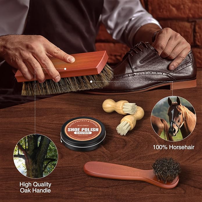 Shoe Polish Kit, 13PCS Leather Shoes Shine Kit for Men with Black Brown Neutral Polish, Mink Oil, Horsehair Brushes for Leathers Boot Care as Mens Dad Christmas Gifts Ideas