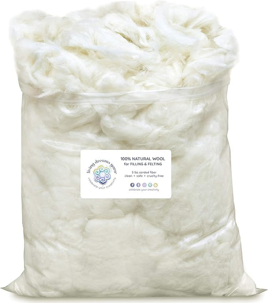 Core Wool for Needle Felting, Crochet Toys, Amigurumi Stuffing. Super Clean Wool Filler for Pillows, Stuffed Animals, Dryer Balls. 5LB, Natural White