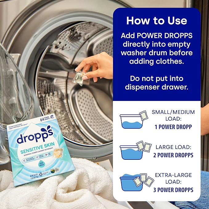 Dropps Sensitive Skin Laundry Detergent Pods, Crisp Breeze (64 Count) - Hypoallergenic & Dermatologist Tested | Dye Free | Laundry Pods for Sensitive Skin | Clean Ingredients | Plastic Free Packaging
