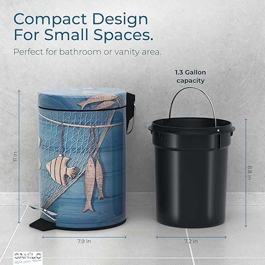 Sanilo Small Bathroom Trash Can with Lid [1.3 Gallon] - Lidded Tiny Trashcan for Garbage - Mini Metal Bin with Soft Closing Mechanism - Bath Room Accessoire Wastebin with Inner Bucket (Seafaring)