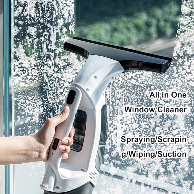 Window Vacuum Cleaner, Cordless 2.0KPA Suction Multifunctional Glass Cleaner with Spray and Auto Dirty Water Collection for Home and Car Black