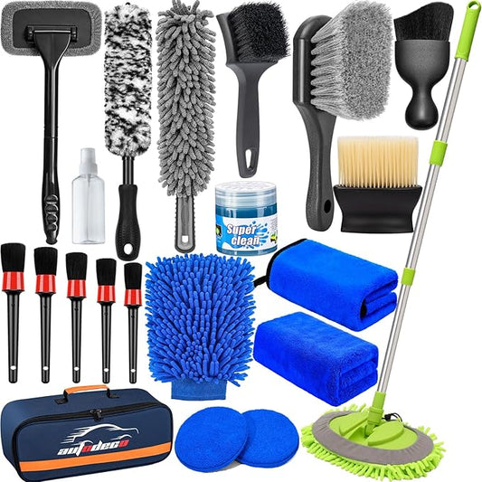 Car Detailing Kit, Car Detailing Brush Set with Wash Mop, Bendable Car Wheel Rim Cleaner Brush Set, Car Detailing Brushes, Car Wash Cleaning Tools Kit for Interior, Exterior, Wheels, Blue