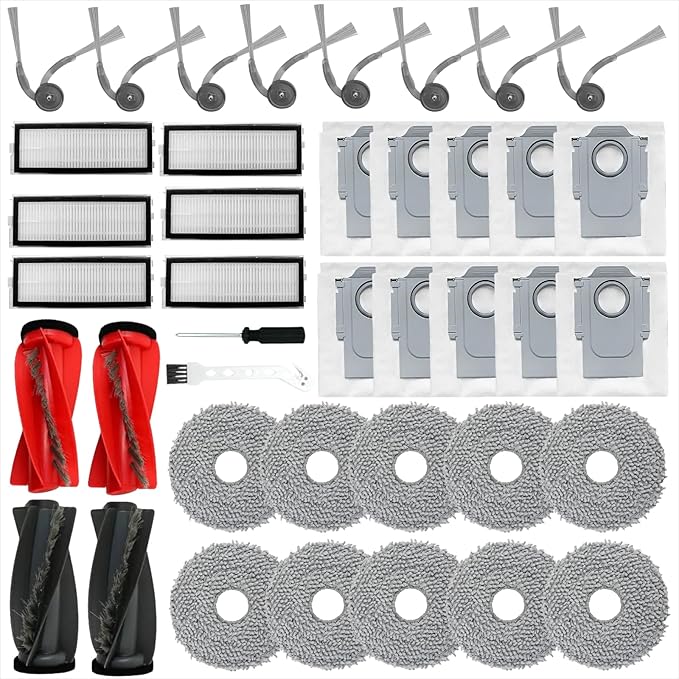40 Pack Replacement Accessories for Roborock Qrevo Curv/Curv S5X/Edge/S5V Robot Vacuum Cleaner ,2 Pairs Mainbrush ,6 Filters ,10 Dust Bags,10 Mop Pads ,8 Side Brushes,2 Cleaning Brush,1 Screwdriver