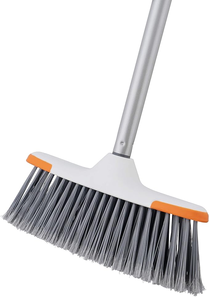 Superio Angle Broom and Clip-On Dustpan Set, Slim Hand Broom Telescopic Handle 53 Inches Tall, Clip On Dust Pan with Low Edge Rubber Lip