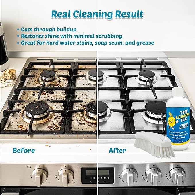 Cream Cleaner and Lemon All Purpose Cleaner for Kitchen, Bathroom, Shower, Tile & Oven, Cuts Grease & Grime, Gentle Formula Multipurpose Cleaner, The Lemon Fix, Made in USA, 16oz Bottle, Single