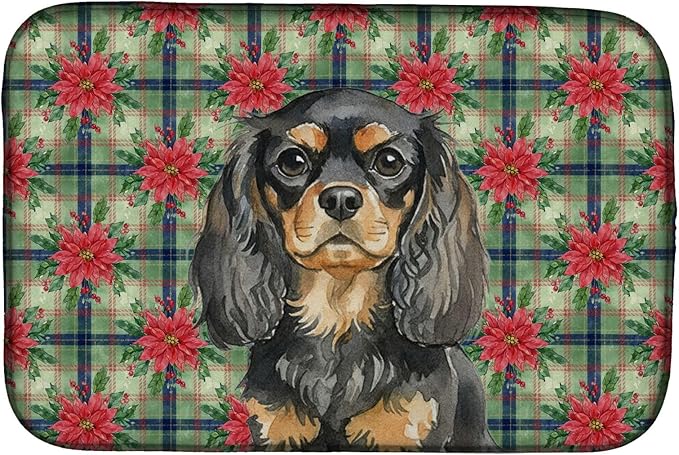 Caroline's Treasures Black and Tan English Toy Spaniel Christmas PoinsettIas Dish Drying Mat Absorbent Dish Drying Mat Pad for Kitchen Counter Dish Drainer Mat for Countertop, 14 x 21", Multicolor