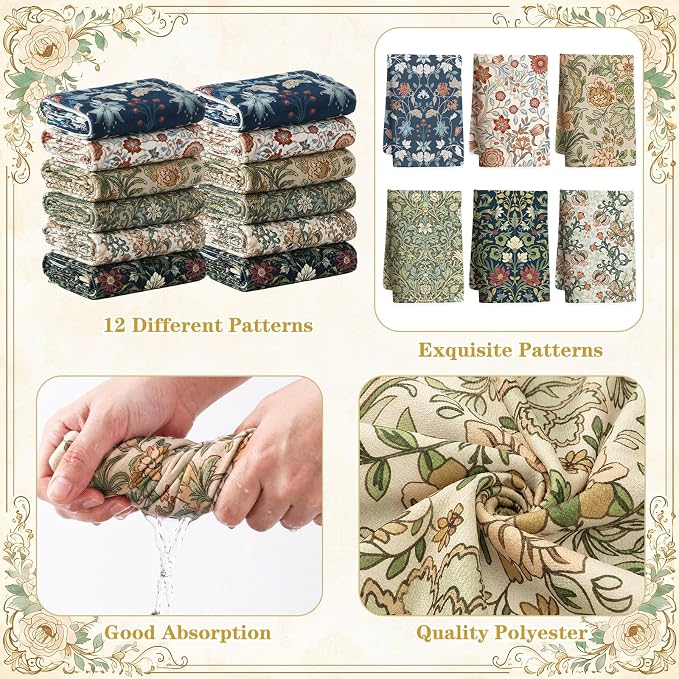 Hahafelt 6 Pack William Morris Floral Kitchen Towels Absorbent Cotton Retro Vintage Flowers Towels 18 x 28 Inch Decorative Hand Tea Towel for Baking Cleaning Housewarming Party Supply (William Morris)