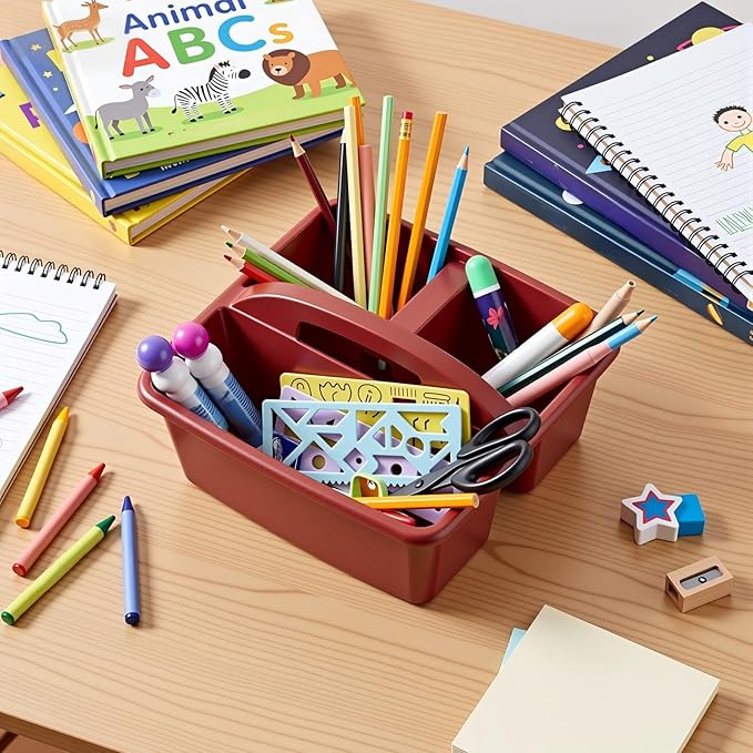 Kathfly 8 Pack Caddy Organizer with Handle, Stackable Organization Storage, Small Plastic Basket Classroom Caddy for Table Desk Office Pencil Kids Room Craft Art Teacher School Supplies (Deep Color)