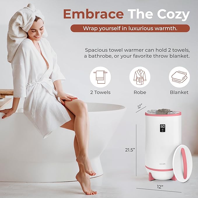 SereneLife Towel and Blanket Warmer - Single Touch Portable Towel Heater for Bathroom, Fragrant Disc Holder, LED Ring, 2 Large Towel Capacity, Built-in Timer (15-60 mins), Auto Shut-Off (Pink)