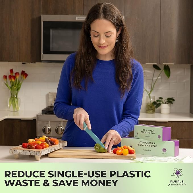 100% Certified Compostable Quart & Gallon Bags (30+50 Counts), Resealable BioBased Bags, Leak Proof And Freezer Safe, Extra Strength Storage Bags, Also Available in Snack & Sandwich Size | Biobased, Leak-Proof, Durable, Freezer-Safe, Extra Strong