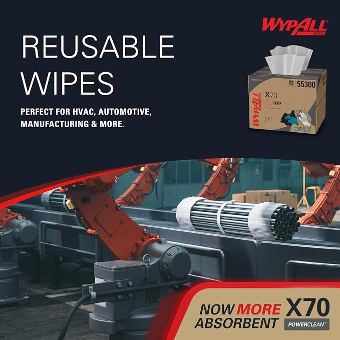 WypAll PowerClean X70 Cloths Medium Duty Wipes (55300), Brag Box, Long Lasting Towels, White (1 Pack of 192 Sheets, 192 Sheet Total)