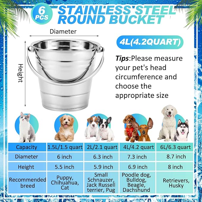 Hicarer 6 Pcs 4.2 Quart Stainless Steel Dog Water Bucket, Heavy Duty Stainless Steel Easy Clean Bucket Water Pails for Dogs Pets, for Kennels Farms Fences Cages Home