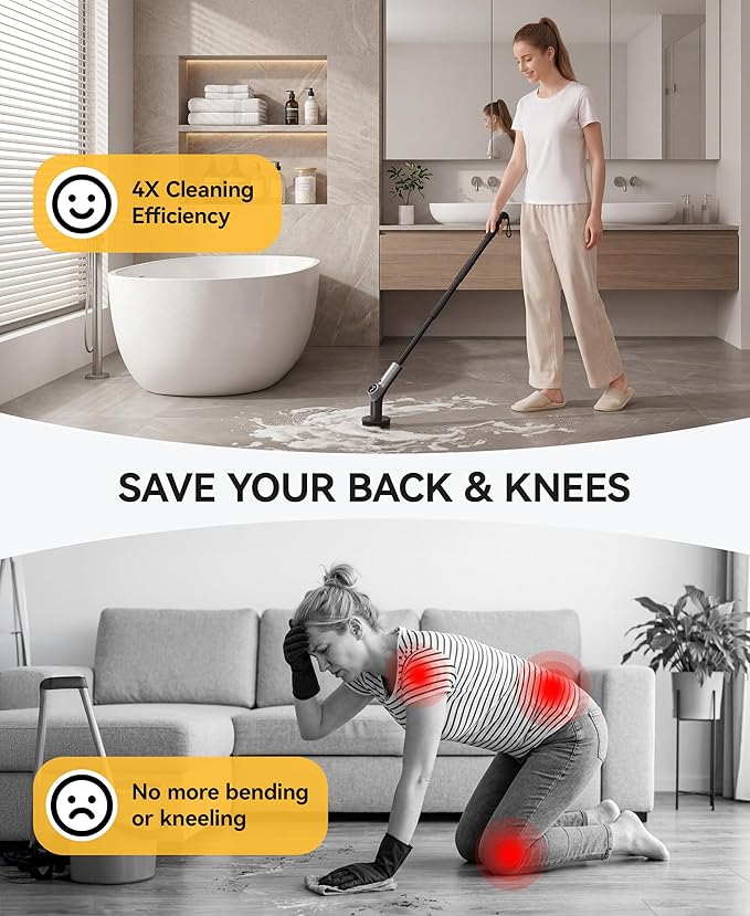 Electric Spin Scrubber,Power Shower Scrubber with 6 Replaceable Brush Heads,120 Mins Runtime Cleaning Brush with Adjustable Extension Arm with 6 Additional Spong scouring Fiber pad
