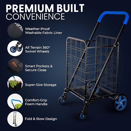 SereneLife Large Folding Utility Shopping Cart with Removable Liner – Heavy Duty, 360° Swivel Wheels, 110 lb Capacity, Portable for Groceries, Laundry, Luggage, and More (Blue)