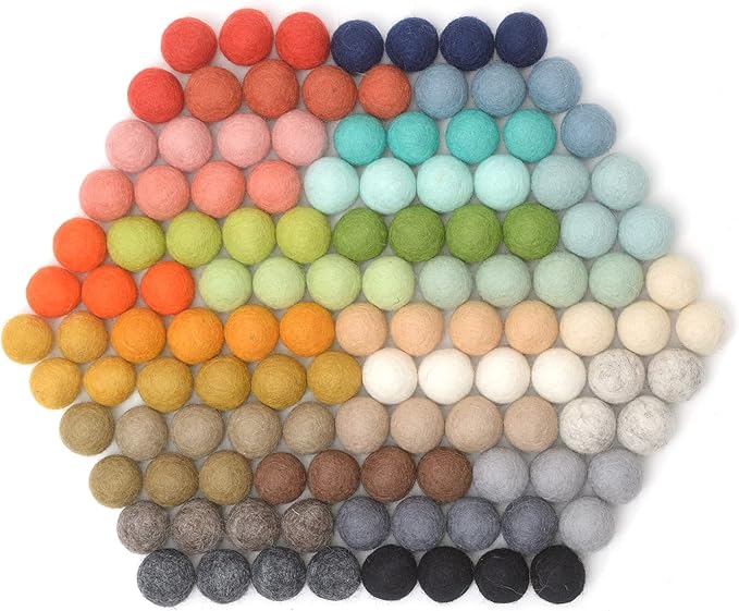 Glaciart One Felt Pom Poms, Wool Felt Balls (120 Pieces) 1.5 cm – 0.6 Inch, Handmade Felted 30 Colors (Green, Pink, Blue, Yellow and More) Bulk Small Puff for Felting and Garland