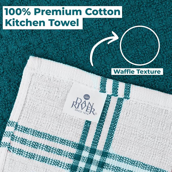 DAN RIVER Premium Teal Kitchen Towels - [Pack of 6] 100% Cotton (16x 26 Inches) -Super Soft, Highly Absorbent Hand Towels, Quick Dry, Dish Towels, Tea and Bar Towels Set