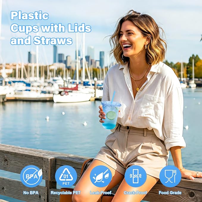 KesaPlan 50 Pack 16 oz Blue Plastic Party Cups with Lids & Straws, Disposable Iced Coffee Cup with Lids, Round Bottom Drinking Cups for Cocktail Cold Beverages Birthday Wedding Picnics Party Supplies