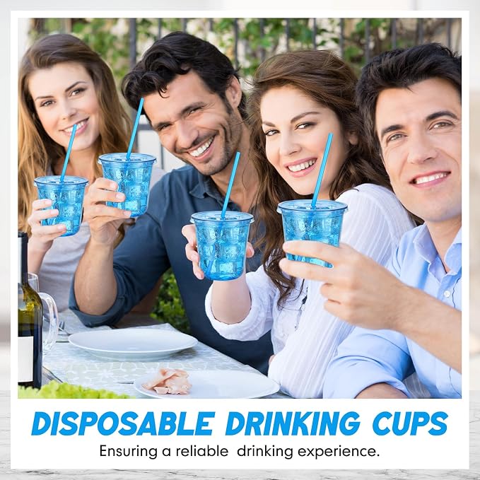 Ziliny 50 Sets Clear Round Bottom Plastic Cups with Lids and Straws, Cute Disposable Drinking Coffee Cups, for Christmas Valentine's Galentine's Day Party Wedding Birthday Supplies (12oz,Blue)