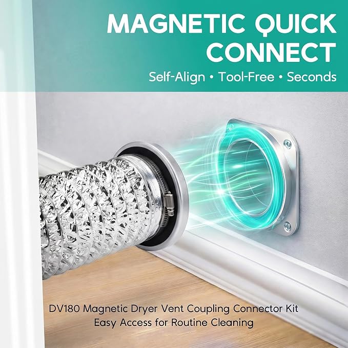 DV180 Magnetic Dryer Vent Coupling Connector Kit, Airtight Magnetic Quick-Connect for 4 Inch Hose, Easy to Clean & Maintain, Includes 2.6ft Flexible Ducting, 2 Clamps and Sealing Tape