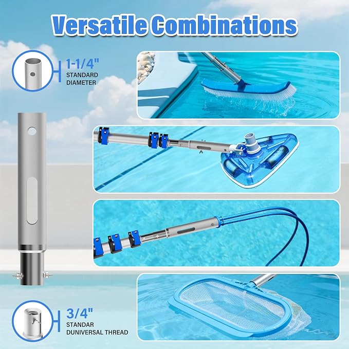 Pool Pole, 3-12FT Telescoping Swimming Pool Cleaning Pole, Upgraded Aluminum Extension Pole with Flip-Lock & Screw Lock for Pool Skimmer Net, Brush & Vacuum Head