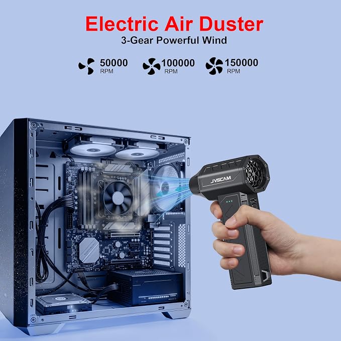 JVSCAM Compressed Air Duster,150000RPM Electric Air Duster, Vacuum Cleaner & Bag Vacuum 3-in-1, Rechargeable with 3-Gear Adjustable Wind Speed for Keyboard,Computer,Car,Home and Storage Bag Sealing