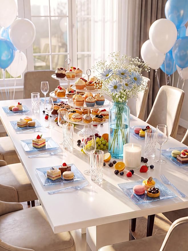 DaYammi 200 Pcs Blue Glitter Dessert Plates Including 100Pcs Appetizer Plates,100Pcs Plastic Forks, Plastic Square Plate for Party,Blue Disposable plates and Cake forks for Birthday Party Wedding
