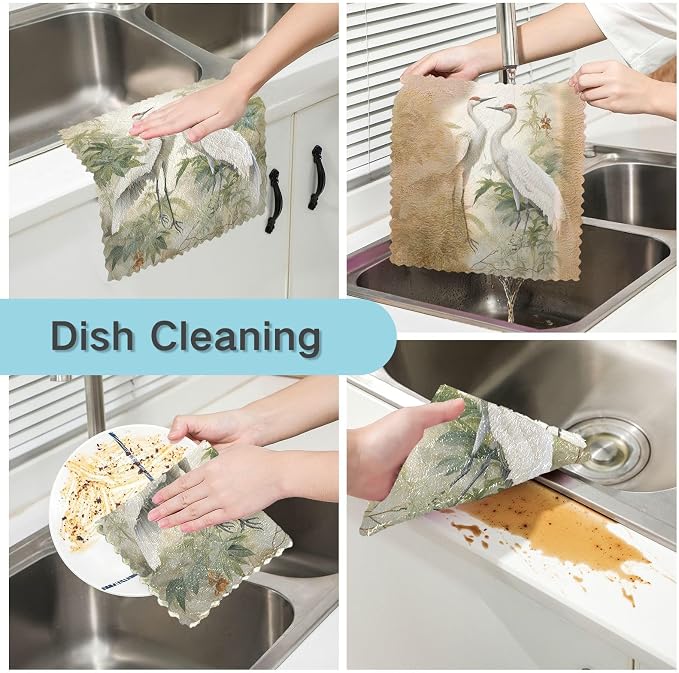 ALAZA Dish Towels Kitchen Cleaning Cloths Crane Birds Dish Cloths Absorbent Kitchen Towels Lint Free Bar Tea Soft Towel Kitchen Accessories Set of 6,11"x11"