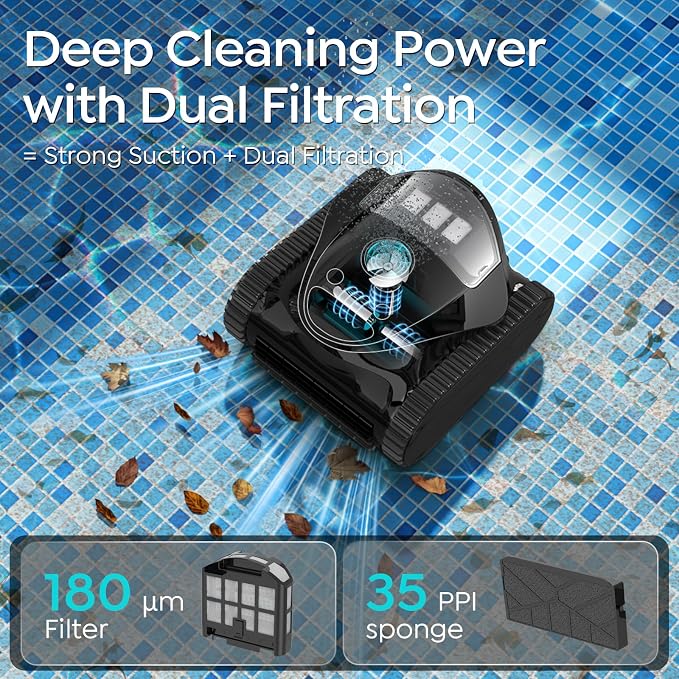 C1 Cordless Robotic Pool Cleaner with 180Mins, Wall Climbing & Waterline Cleaning, Long Runtime, Dual Layers, Automatic Pool Vacuum with APP, Multi Cleaning Modes and Paths, Transparent Navy Black