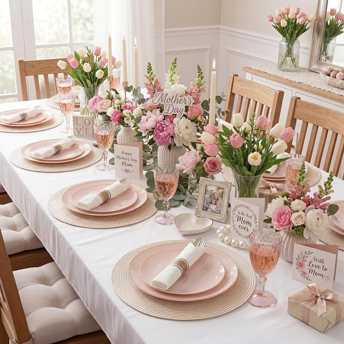 KIRE 350 PCS Pink Plastic Plates - Pink and Gold Disposable Dinnerware 50 Guest Include 50 Dinner Plate - 50Dessert Plate - 50Pre Rolled Napkins with Silverware for Party/Wedding/Baby Shower