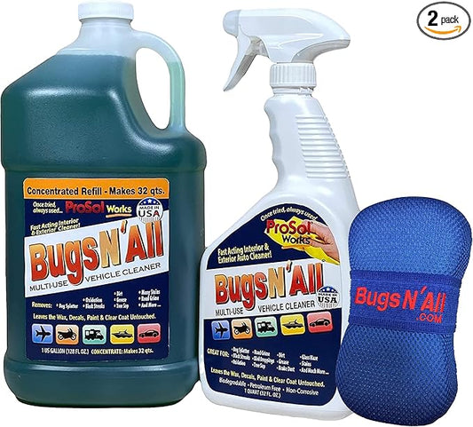 Bugs N' All Multi Surface Cleaner Spray Concentrate 1 Gal. w/Empty Cleaning Spray Bottle 32 oz. & Bug Sponge for Car Washing - Mutli-Vehicle Cleaning - Bug & Tar Remover for all Vehicles