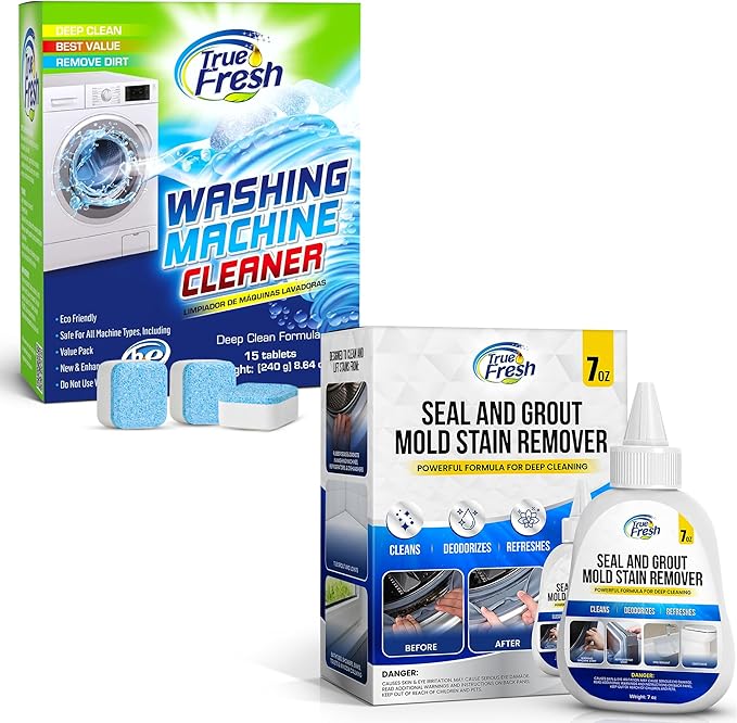 True Fresh Washing Machine Cleaner Descaler Tablets 15 Pack - Heavy Duty Mold Stain Remover Gel – Deep Cleaning Kit for HE Front & Top Load Washers, Seals, Grout, Shower Caulking, Tiles & More