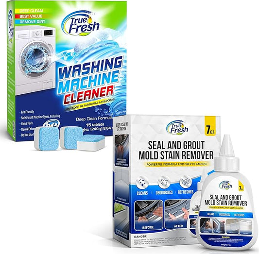 True Fresh Washing Machine Cleaner Descaler Tablets 15 Pack - Heavy Duty Mold Stain Remover Gel – Deep Cleaning Kit for HE Front & Top Load Washers, Seals, Grout, Shower Caulking, Tiles & More