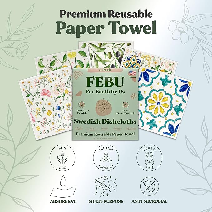 FEBU Swedish Dishcloth Bundle | Set of 3 Packs | Swedish Dishcloths for Kitchen | 5 Pack Reusable Paper Towels Washable