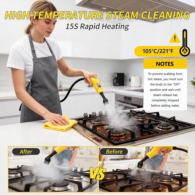 Steam Cleaner,15s Heat-Up 6-Level Adjustable, 2500W Handheld Steam Cleaner for Home with 13 pcs Accessories,Portable Steamer for Kitchens, Grease, Bathroom, Grout,Tile, Floor, Couch and Car
