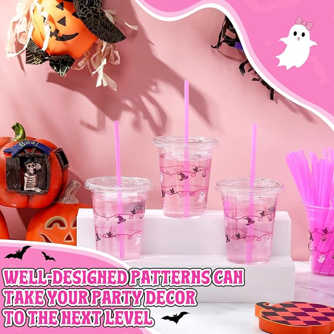 LemonRoad 50 Pcs 12oz Halloween Plastic Cups with Straws and Lids, Disposable Clear Party Cups Pumpkin Ghost Witch Drinking Set for Halloween Birthday Party Favors Supplies (Pink,Novel Style)