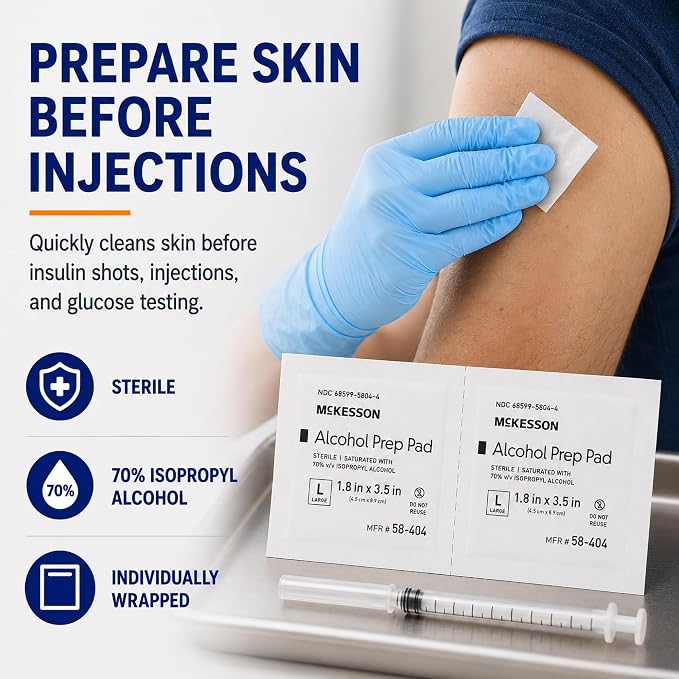 McKesson Alcohol Prep Pads, (100 Count) - Sterile, Individually Wrapped Wipes, 70% Isopropyl Alcohol, Large Size, 2-Ply, Medical Grade, First Aid, 1 Box