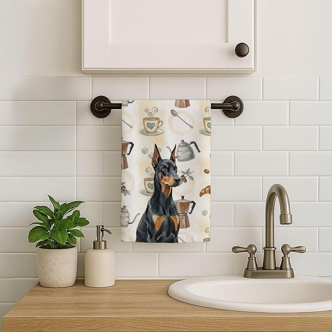 Caroline's Treasures Doberman Pinscher Coffee Bar Kitchen Towel Velour Plush Front and Cotton Loop Back Machine Washable