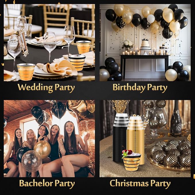 Gejoy 9 oz 100pcs Graduation Rimmed Stripe Plastic Cups Bulk Disposable Wine Hard Plastic Drinking Cocktail Cups Tumblers for Wedding Gathering Party Supplies(Gold, Black)