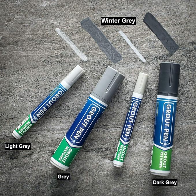 Grout Pen Tile Paint Marker: Winter Grey 1 Pack and 2 Pack White with Extra Tips (Narrow, 5mm) - Waterproof Tile Grout Colorant Marker for Cleaner Looking Floors & Whitener Without Bleach
