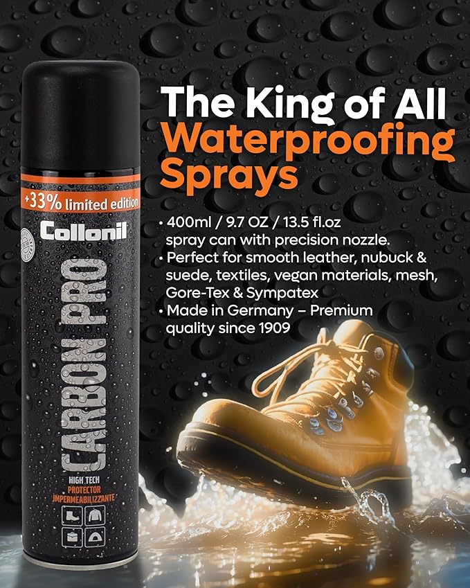 Collonil Carbon Pro XL – Universal Shoe Protector Spray 13.5 fl oz – Waterproof & Stain-Resistant – PFAS-Free Suede Protector for Shoes, Boots, Backpacks, Jackets & Tents – Made in Germany