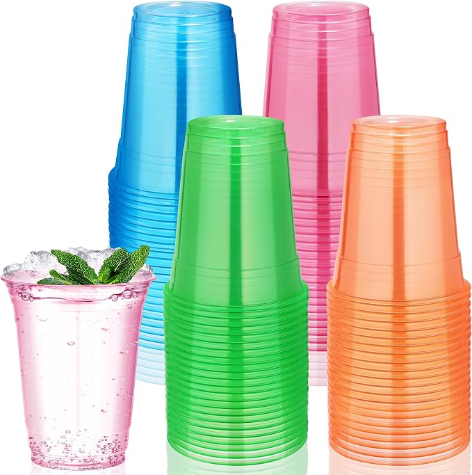 Kochorie 60 Pack 12 Oz Plastic Neon Cups Glowing Party Cups 4 Assorted Neon Colors Disposable Blacklight Party Light Up Cup for Birthday Party In The Dark Party Supplies