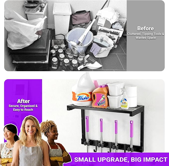 Heavy Duty Broom Holder Wall Mount with Cleaning Supplies Organizer, Space-Saving Laundry Room Organization and Storage Shelves, All-Metal Mop Hanger Broom Rack with Hooks, Garage Organizer Shelf