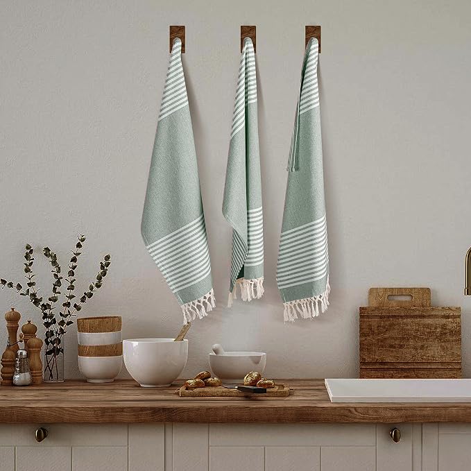 TWINY threads Set of 6 100% Cotton Turkish Kitchen Towels with Hanging Loop & Tassels (18" X 28") | Ultra Washcloth with Fringes | Reusable Hand Towels - Olive Green