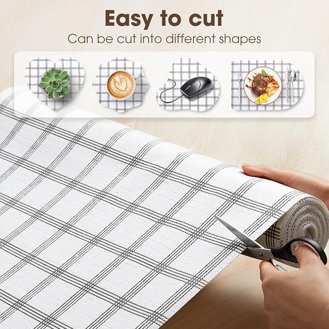 Drawer and Shelf Liner, Non-Slip Kitchen Cabinet Liners Non-Adhesive Thick Strong Grip Waterproof Washable Mats Protect Dresser Shelves Cupboard Bathroom Cabinets, White Stripes, 12 in X 10 FT
