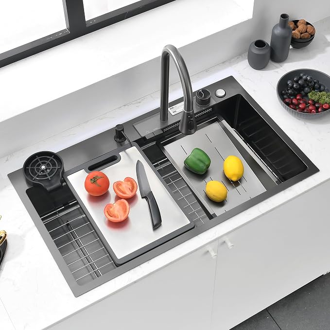 26" x 19.7" Black-Gray Waterfall Kitchen Sink, Drop In Stainless Steel Modern Single Bowl Sink with Pull-Out Spray Faucet, Cup Washer & Accessories
